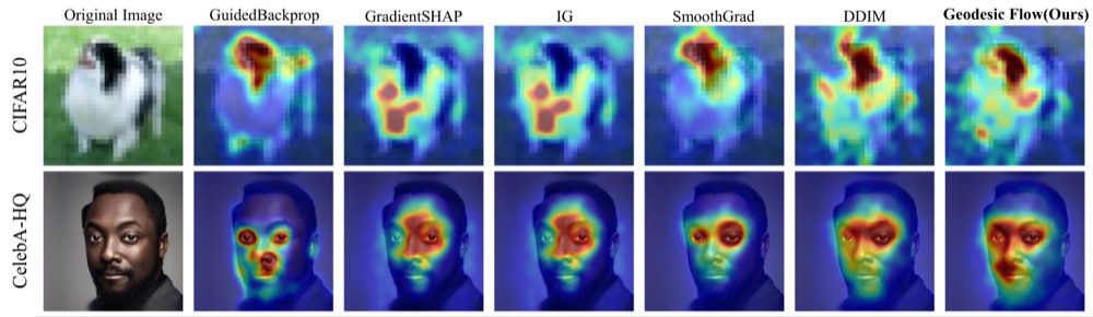 Comparison of attribution maps from generative-flow and baseline methods